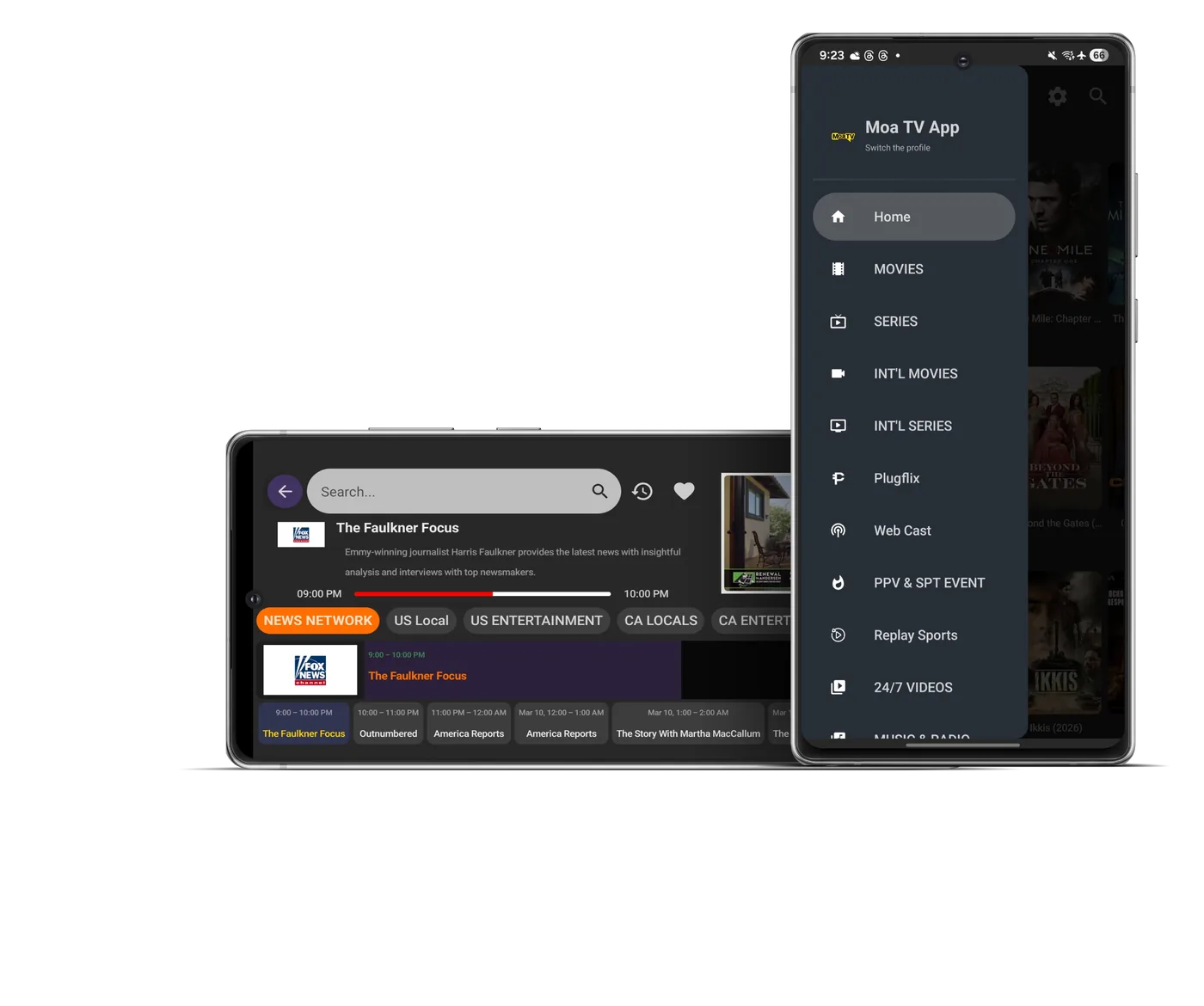 MoaTV App on mobile showing live TV guide, news channels, movies and series