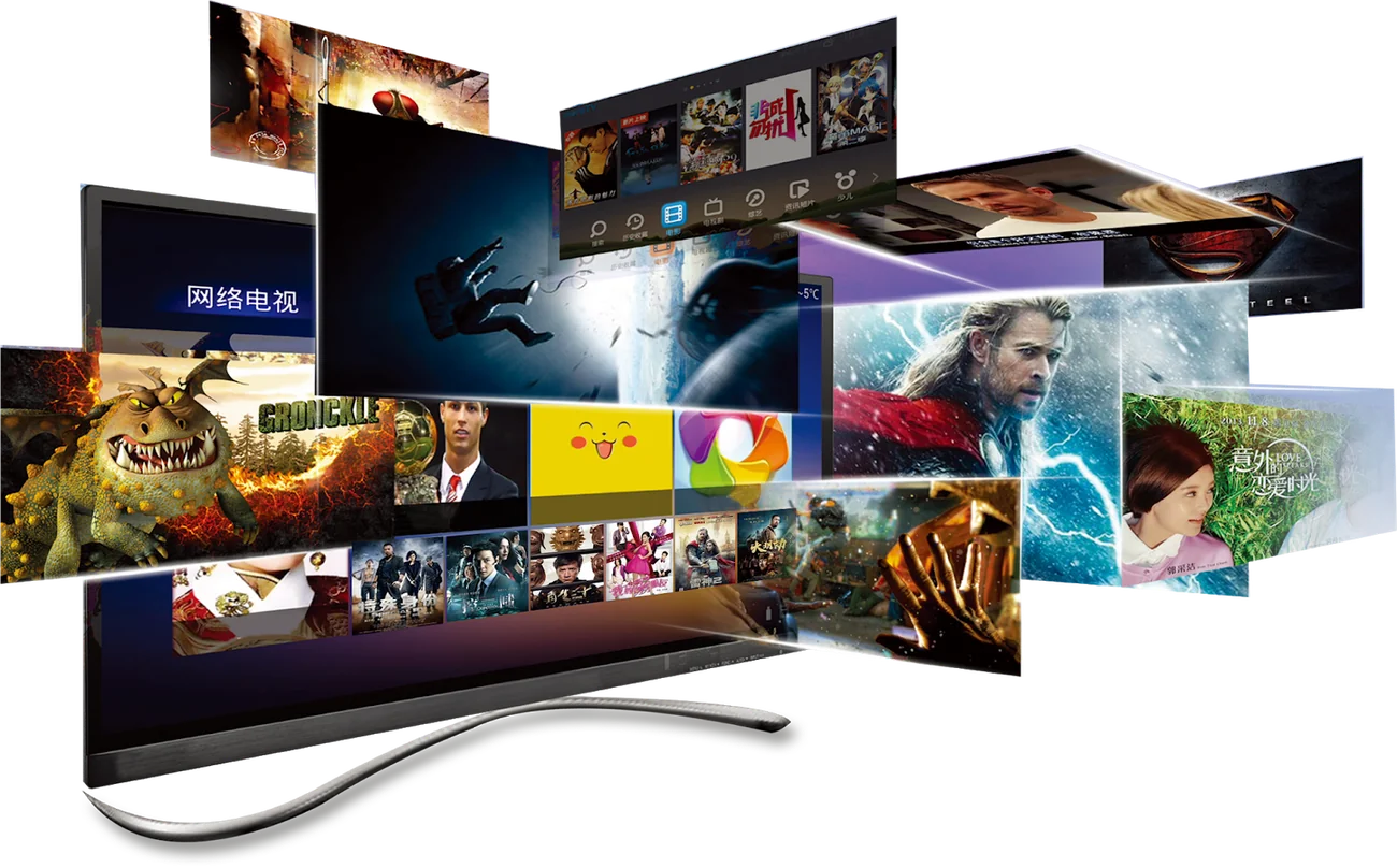 MoaTV App showing live channels, sports, movies and series on a big screen TV